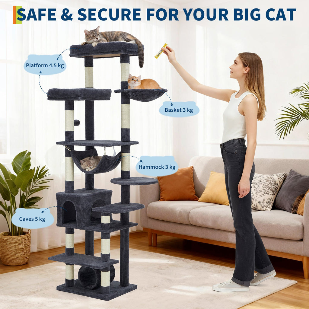 Garvee Multi-Level Cat Tree with Condo, 74" Tall Cat Tower with 11 Scratching Posts, Hammock, Tunnel, Large Top Perches & Anti-tip Kit, Indoor Cat Furniture for Large Cats, Dark Gray