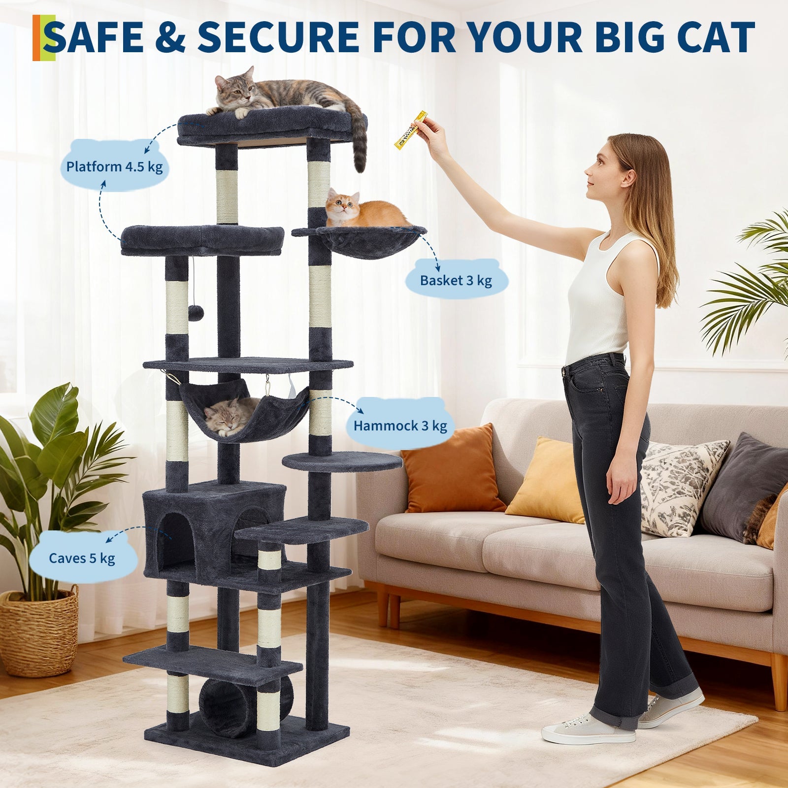 Garvee Multi-Level Cat Tree with Condo, 74" Tall Cat Tower with 11 Scratching Posts, Hammock, Tunnel, Large Top Perches & Anti-tip Kit, Indoor Cat Furniture for Large Cats, Dark Gray