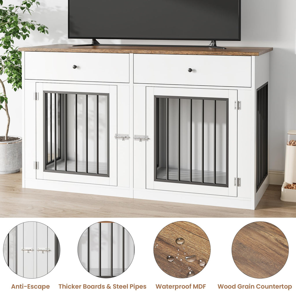 Garvee 60" Dog Crate Furniture for 2 Dogs, Heavy Duty Dog Kennel Furniture TV Stand with 2 Drawers, Dog Crates for Small Medium Dogs, Dog Cage End Table for Indoor Use, White
