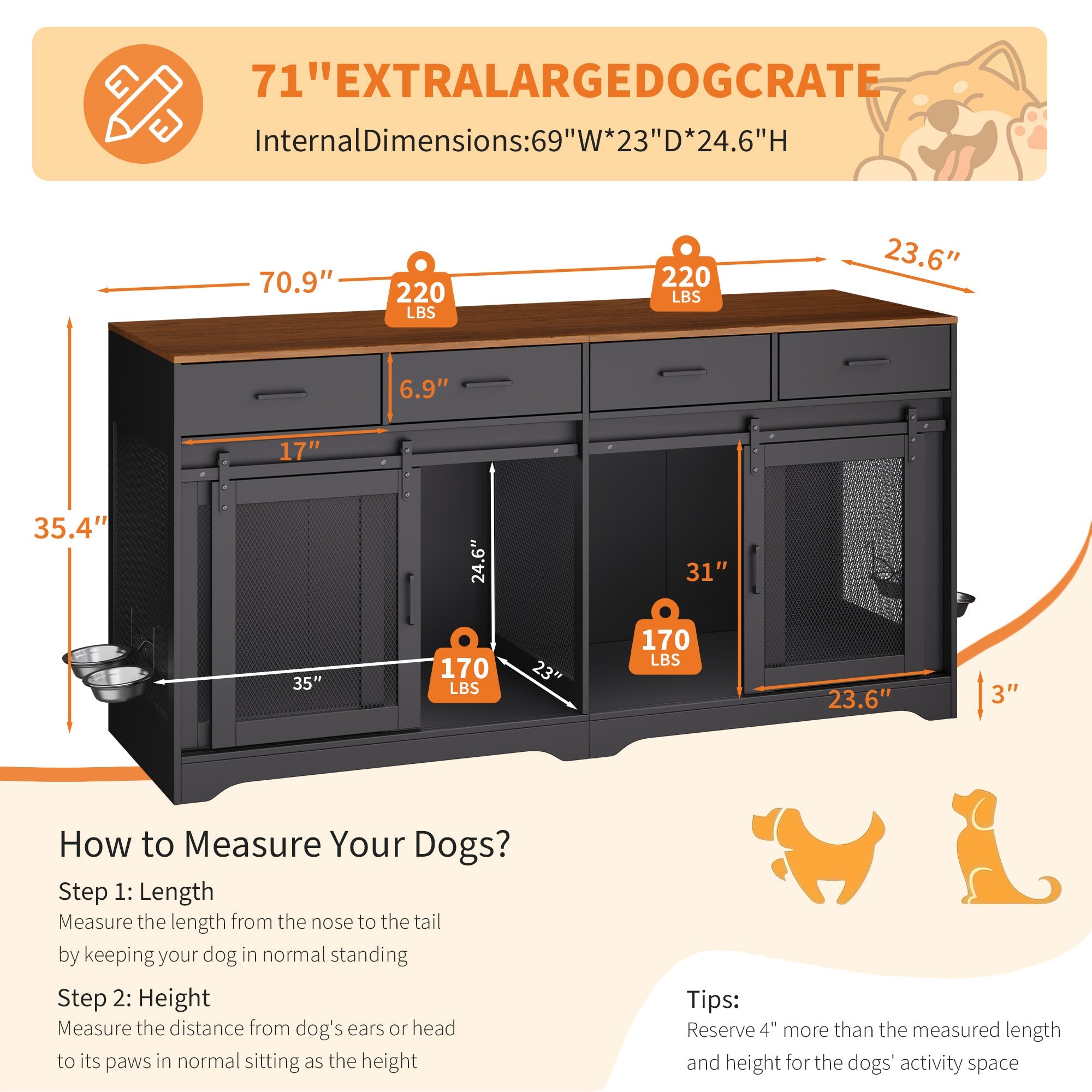 Garvee Multi-Functional Dog Crate Furniture for Medium/Large Dogs – 71'' Indoor Kennel Cage with 4 Sliding Doors, 4 Drawers & Feeding Bowls – Furniture-Style, Walnut+Black – US Spec, Color: Walnut+Black