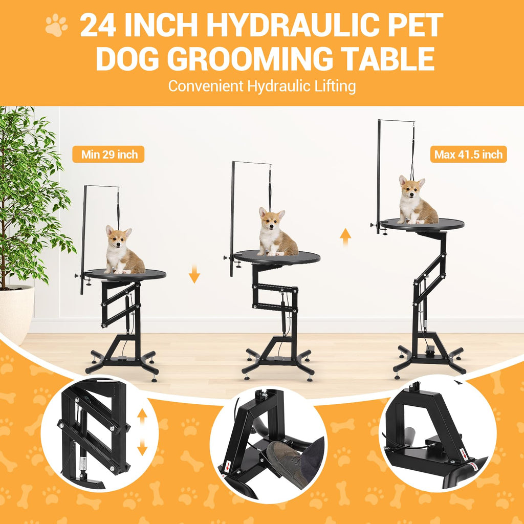 Garvee 24" Hydraulic Dog Grooming Table, Heavy Duty 360° Rotating Grooming Table Adjustable Overhead Arm & Noose for Small Dogs, Round Pet Grooming Station, 210 Lbs Weight Capacity, Black
