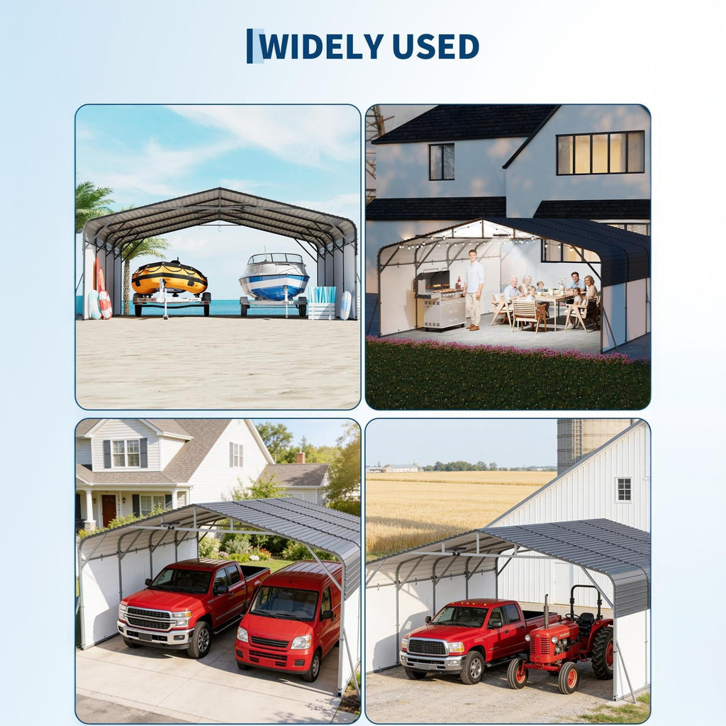 Garvee 20x20 FT Heavy Duty Metal Carport, 400 Sq. Ft. Galvanized Steel Roof Shelter with Solar LED Lamp & Removable White PE Sidewalls for 2 Cars, Boats & Trucks, Dark Gray