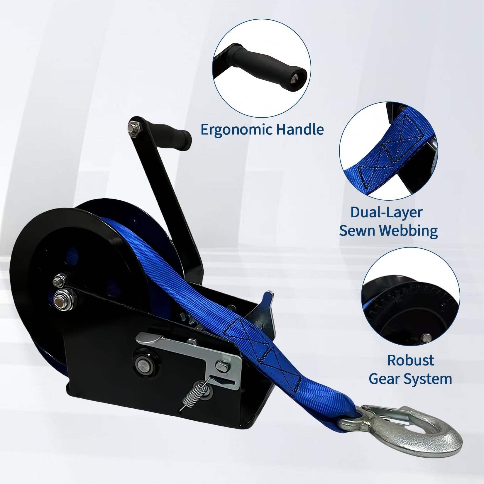 Garvee 3500lbs Heavy Duty Boat Trailer Winch with 33FT Strap, Dual-Speed 4:1/8:1 Gear Ratio & 2-Way Ratchet, Professional Hand Crank Winch for Pulling Boat, Trailer, Truck, RV, ATV, Jet Ski, Blue