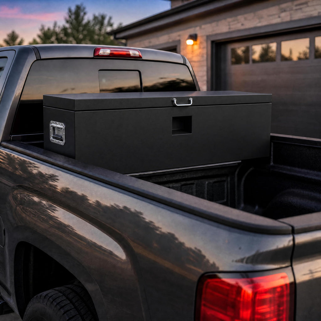 Garvee 48"X16"X14" Heavy Duty Steel Truck Bed Tool Box – Weatherproof, Lockable Dual Lid Chest with Gas Struts, Powder-Coated Black, Front & Side Handles – Fits Pickup, RV, Trailer, Black