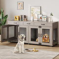 Garvee 71" Large Dual-Room Dog Crate with 3 Drawers, Double Doors, Metal & Wood, Storage & Security, Grey, Indoor Furniture Style
