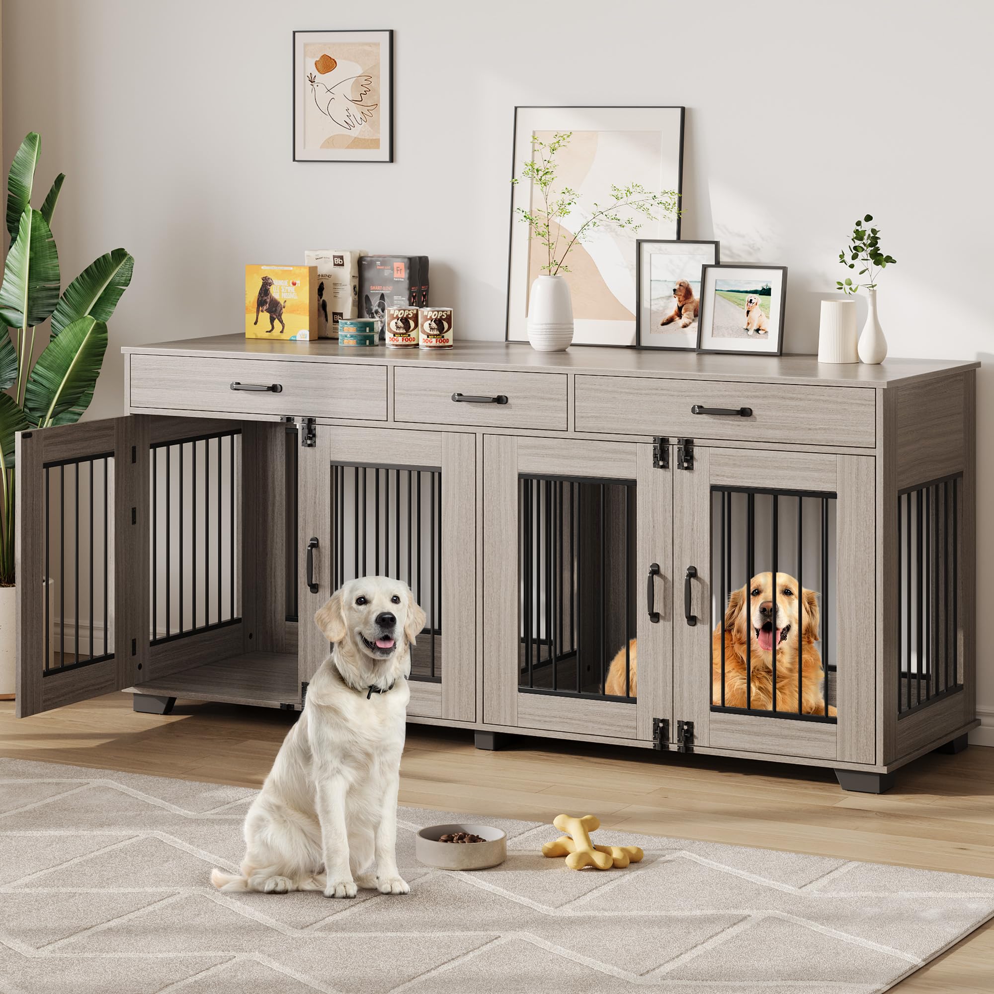 Garvee 71" Large Dual-Room Dog Crate with 3 Drawers, Double Doors, Metal & Wood, Storage & Security, Grey, Indoor Furniture Style
