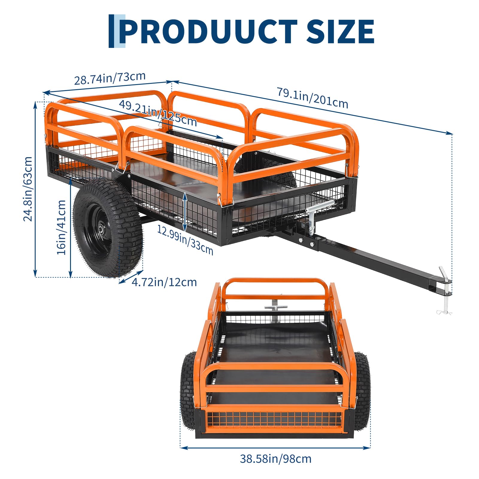 Garvee Orange Dump Cart, 1500 lbs 15 Cu Ft Heavy Duty Steel Garden Utility Trailer with Removable Sides, Quick Release & Pneumatic Tires for Lawn Mower, ATV, UTV, Tractor