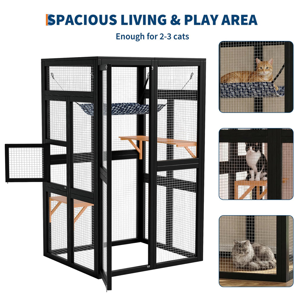 Garvee Spacious Outdoor Wooden Cat Cage, Weatherproof Roof, 2 Platforms, Hammock, Walk-In Window Access, Multi-Cat Catio Enclosure for Patio, Yard, or Indoor Use, Black