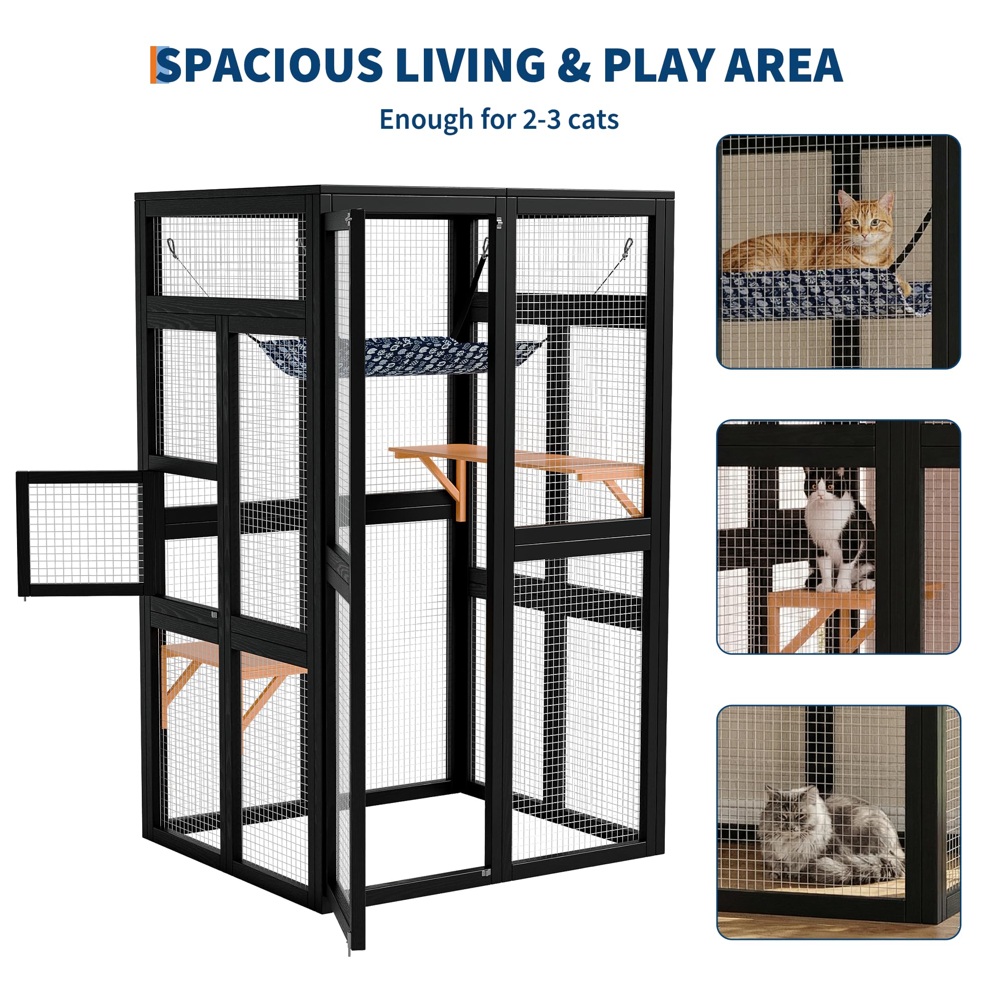 Garvee Spacious Outdoor Wooden Cat Cage, Weatherproof Roof, 2 Platforms, Hammock, Walk-In Window Access, Multi-Cat Catio Enclosure for Patio, Yard, or Indoor Use, Black