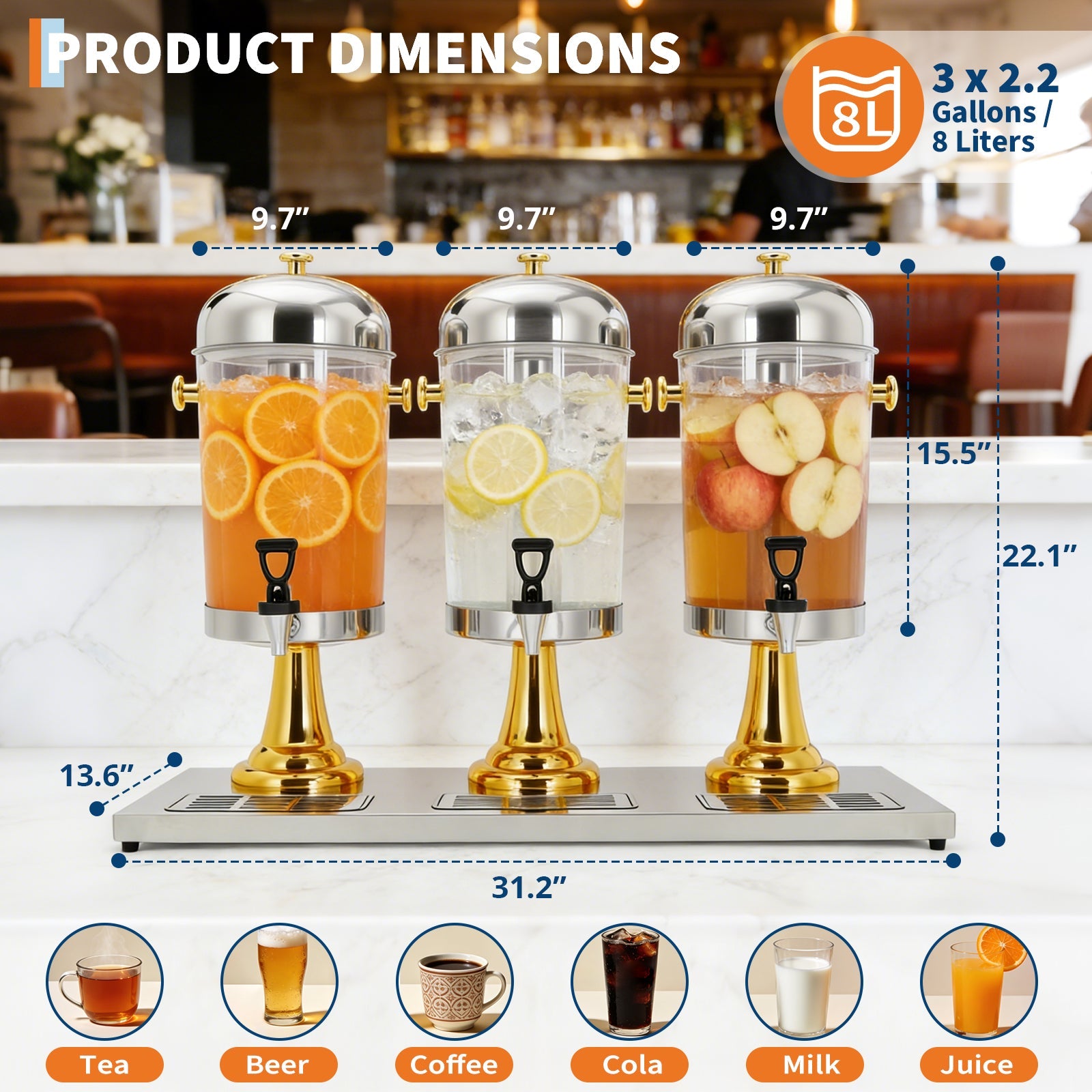 Garvee 6.6 Gallon Commercial Drink Dispenser, Stainless Steel Beverage Dispenser with Ice Core, Stand & Spigot for Cold Juice, Iced Tea and Lemonade at Parties & Weddings, Gold