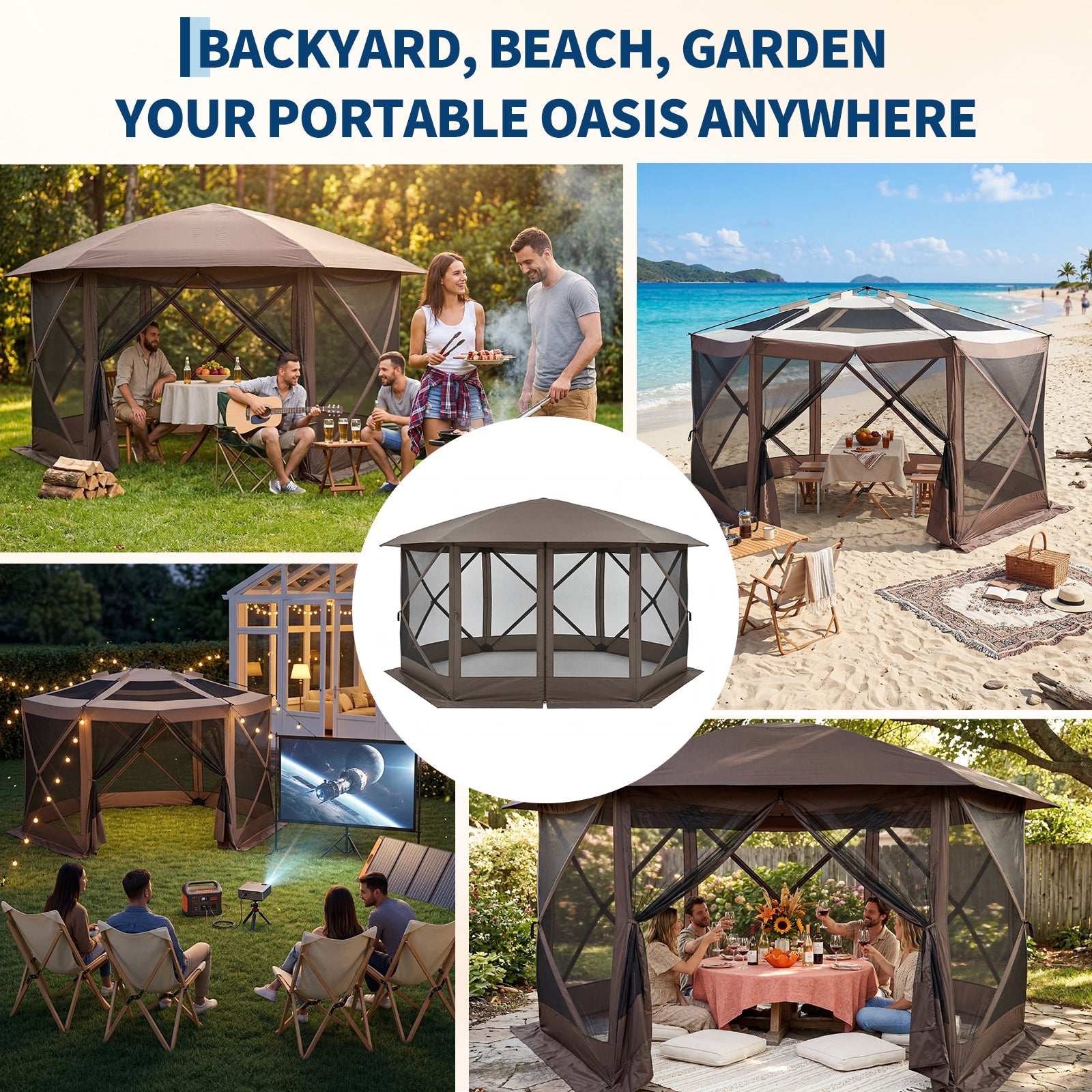 Garvee Screen Gazebo Tent, 13 x 13 FT 6-Sided Canopy for 8-10 People with 7.5 FT Height, Removable Sidewalls and Windows for Camping, Khaki and Beige
