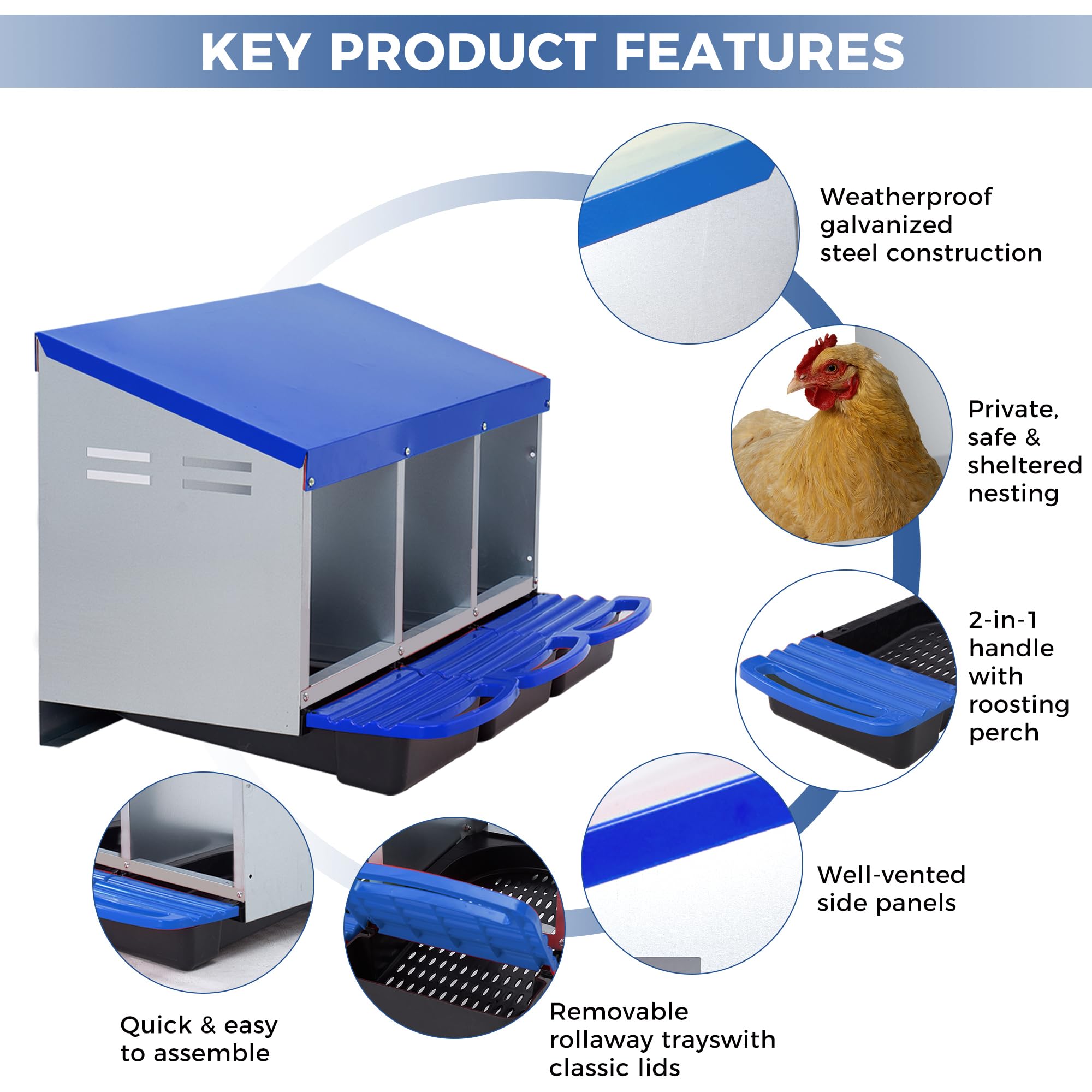 Garvee 3-Compartment Chicken Nesting Box – Automatic Roll-Away Tray & Support Stand, Blue