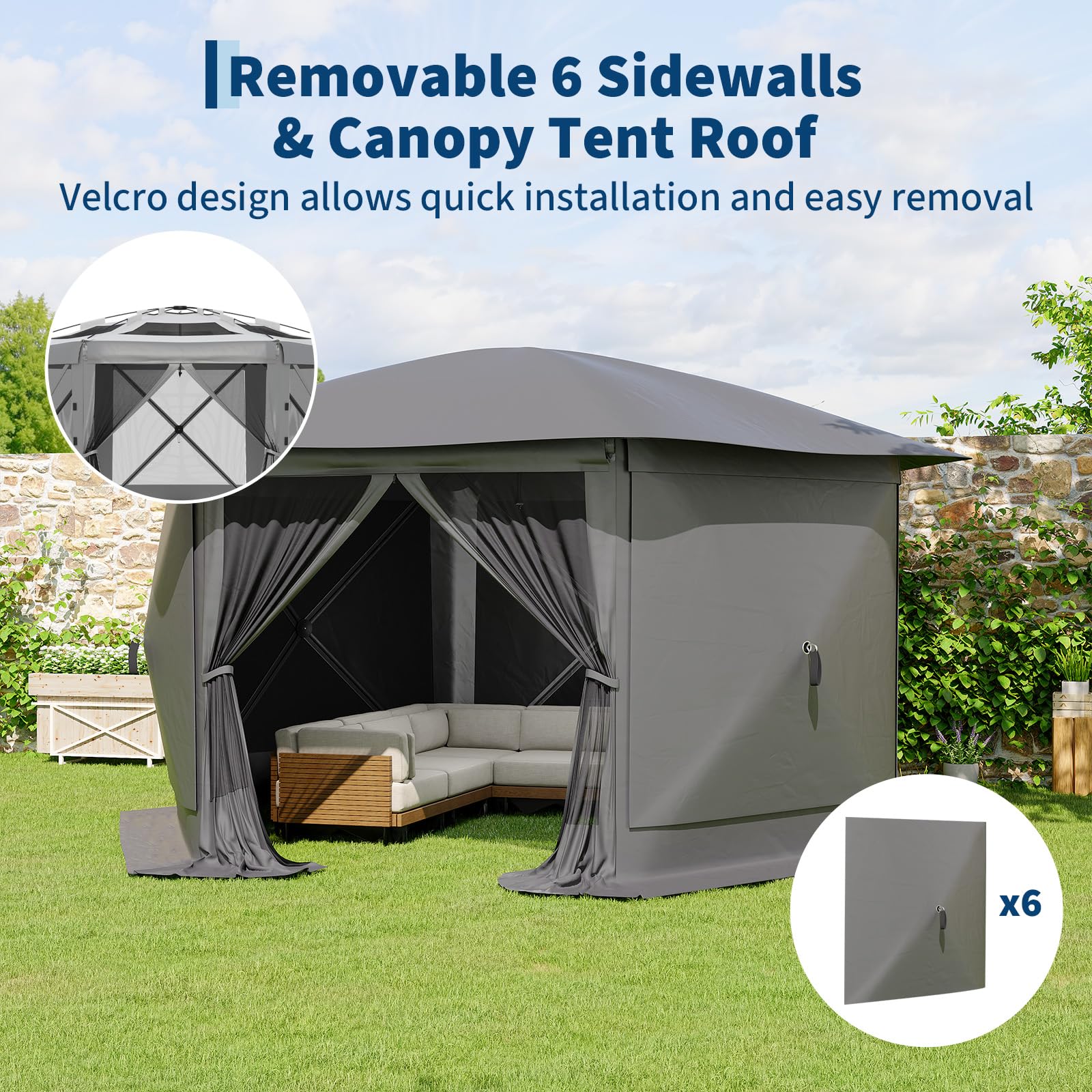 Garvee 10 x 12 FT Screen Tent, 6-Sided Pop-Up Gazebo with Removable Canopy, Waterproof UV-Resistant Mesh Shelter for Camping, Patio & Backyard, Gray