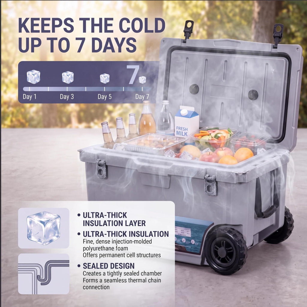 Garvee Extra-Thick Insulated Camping Cooler 70qt with Wheels - Rolling Ice Chest Keeps Ice Up to 7 Days - Portable for Food, Drinks, Beach, Picnic, Fishing, Boat - Gray - KUER-F-70 Cool Gray GRAY 6C