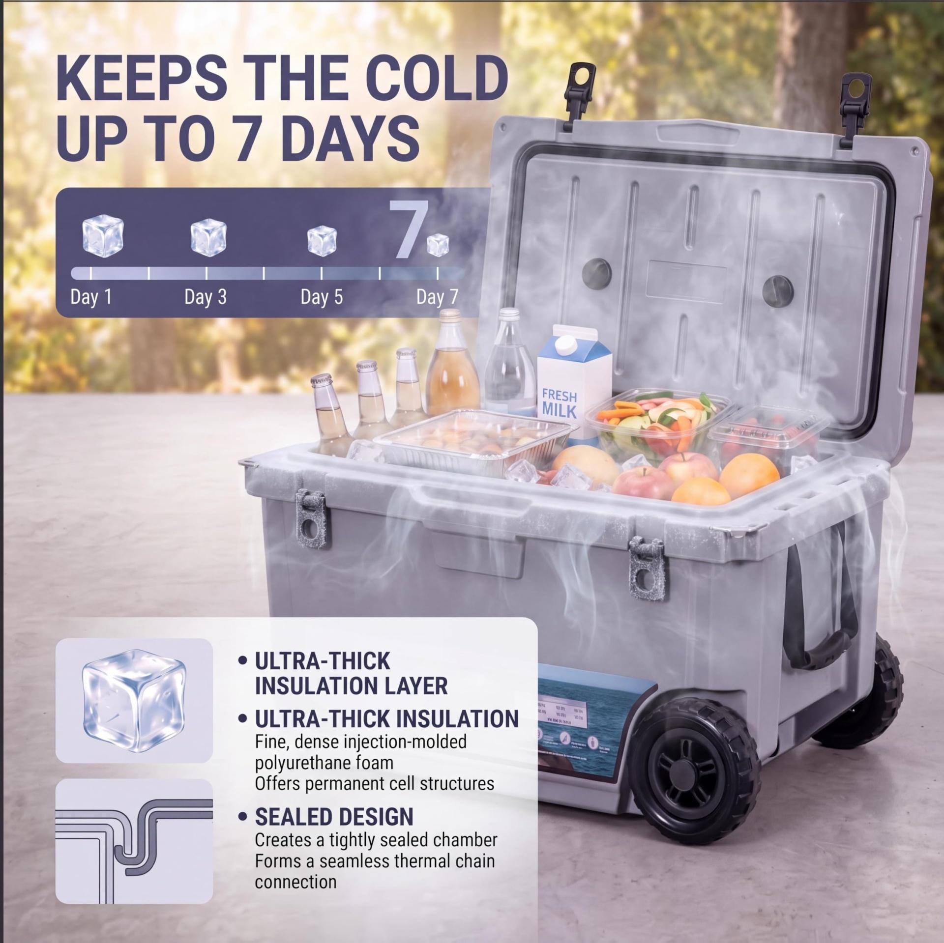 Garvee Extra-Thick Insulated Camping Cooler 70qt with Wheels - Rolling Ice Chest Keeps Ice Up to 7 Days - Portable for Food, Drinks, Beach, Picnic, Fishing, Boat - Gray - KUER-F-70 Cool Gray GRAY 6C
