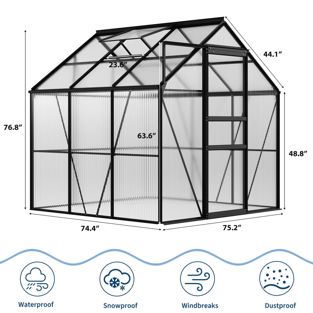 Garvee 6x6 FT Polycarbonate Outdoor Greenhouse – All-Weather Aluminum Frame Kit, Lockable Sliding Door, Adjustable Roof Vent, Rain Gutter, Detachable Three-Bay Structure, Easy Setup for Patio, Backyard
