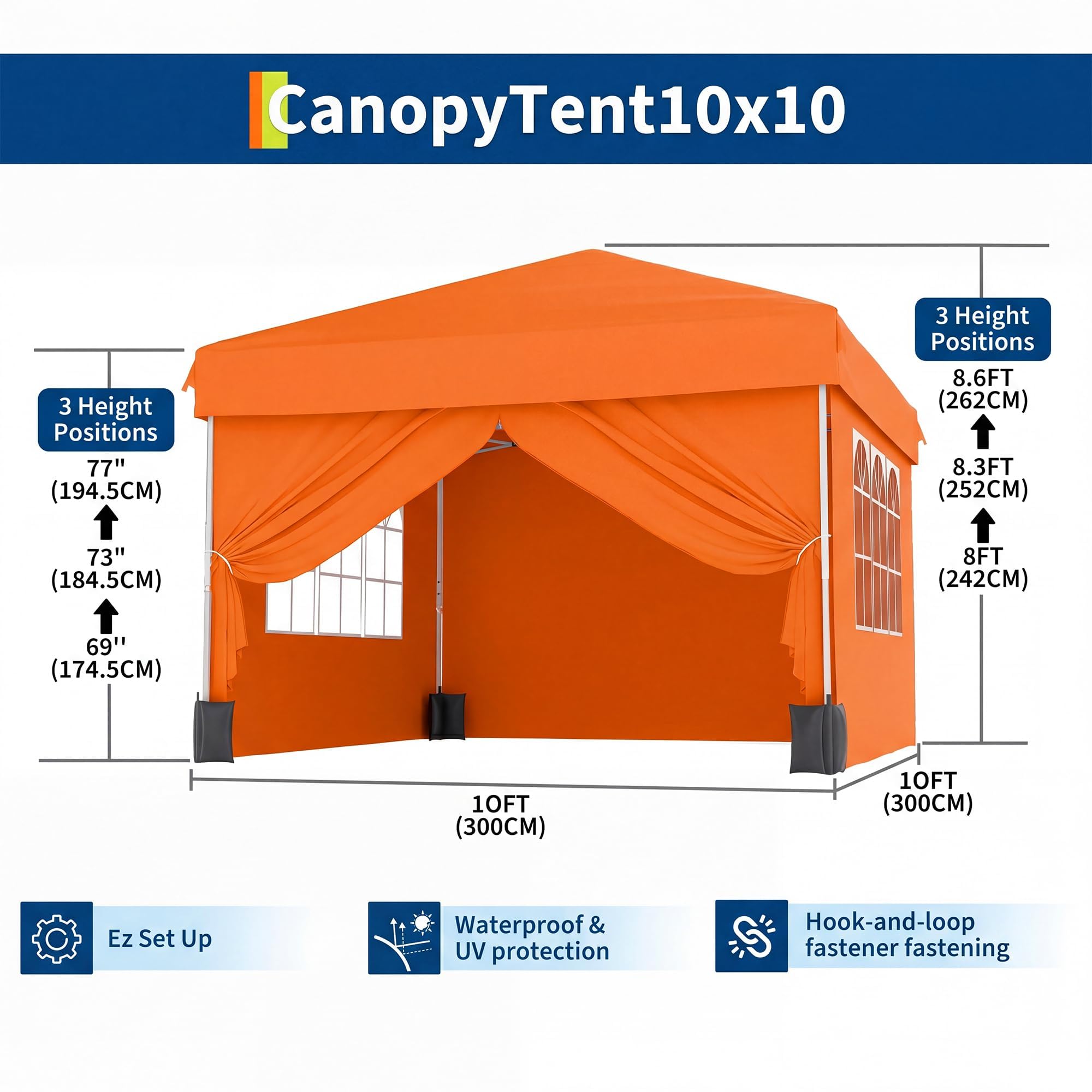 Garvee 10x10 FT Pop Up Canopy Tent, 210D Waterproof Oxford Gazebo with 4 Detachable Window Sidewalls, UPF 50+ Steel Frame Shelter for Camping, Parties & Backyard, Orange