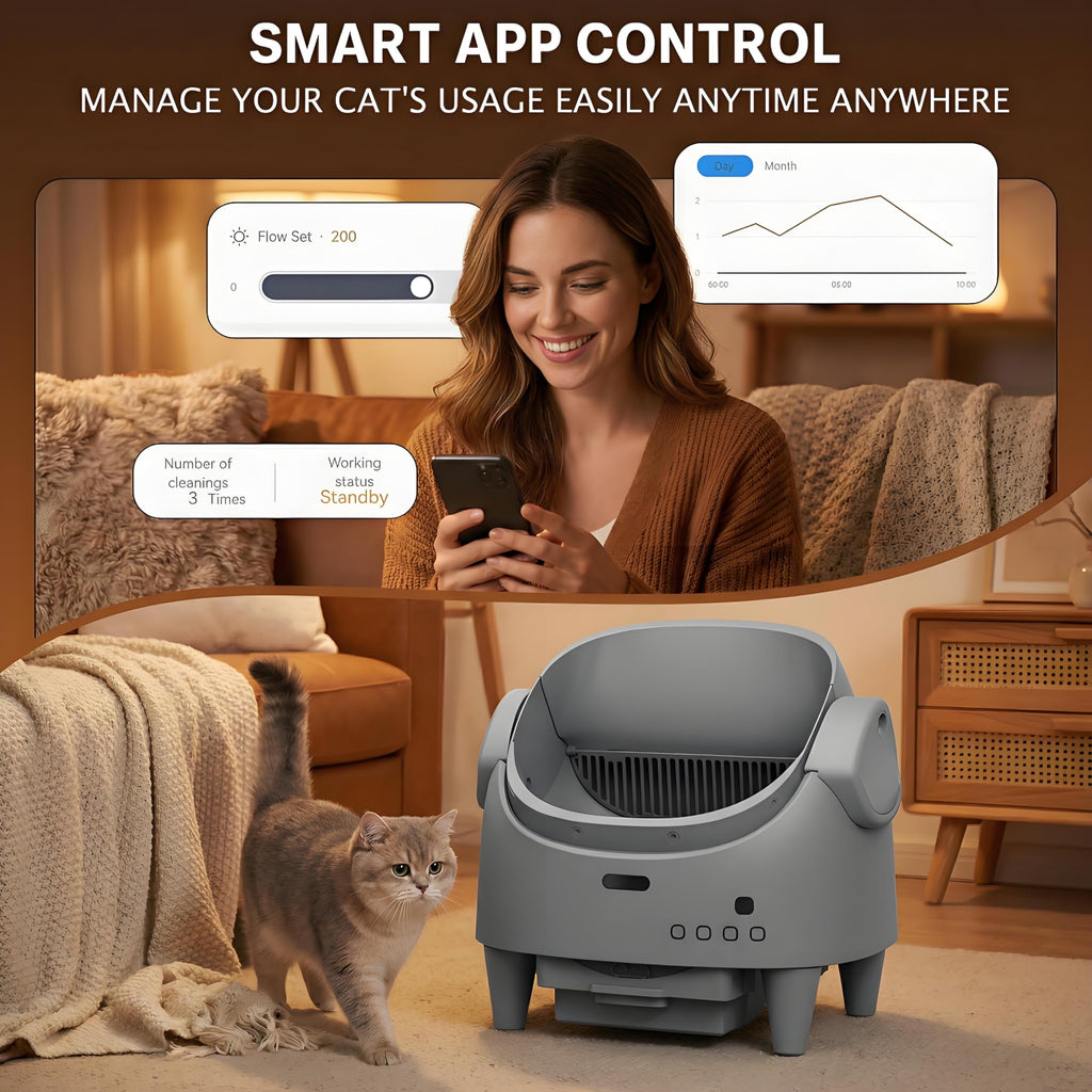 Garvee Automatic Cat Litter Box with App Control, Smart Self Cleaning Odor-Free Cat Toilet with Large Waste Bin and Disposable Bags, Open Top Design for Single or Multi Cat Households, Gray