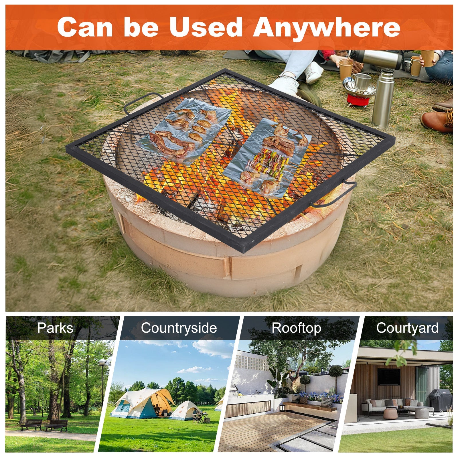 Garvee 30x30 inch Square Fire Pit Grate, 44lbs Load Capacity Heavy Duty Carbon Steel Grill Grate with Handles, 1112°F/600℃ Heat Resistant Cooking Mesh for Outdoor Camping, Black
