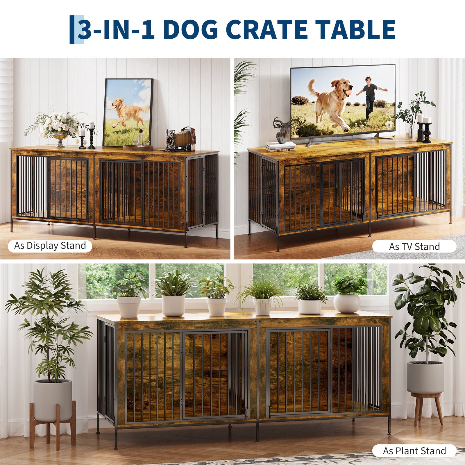 Garvee XL Dog Crate Furniture for 2 Dogs, Heavy Duty Double Dog Crates for Medium/Large Dogs, Dog Kennel Furniture Indoor As TV Stand, Extra Large 78.74"w, Rustic Brown