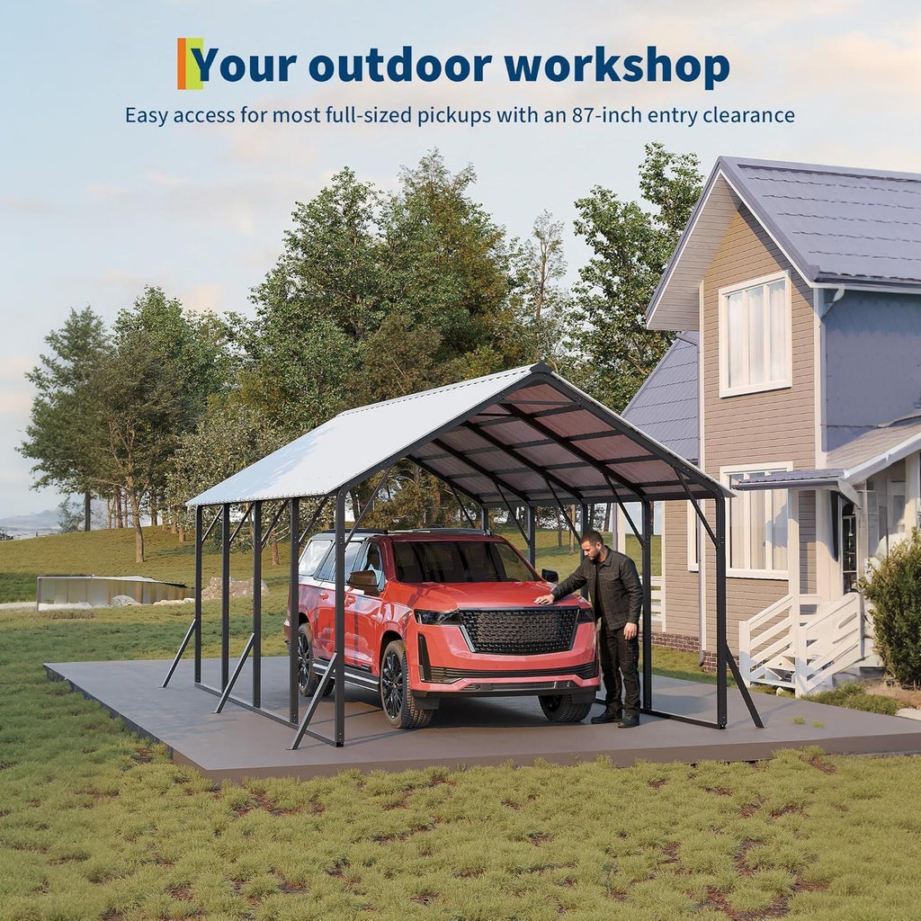 Garvee 13x21FT Metal Carport Kit with 120° Steep-Pitch Vertical Roof, 133" High-Clearance Heavy-Duty Alloy Steel Car Port Shelter for Full-Size Pickup Trucks, Vans & Outdoor Vehicle Storage, White