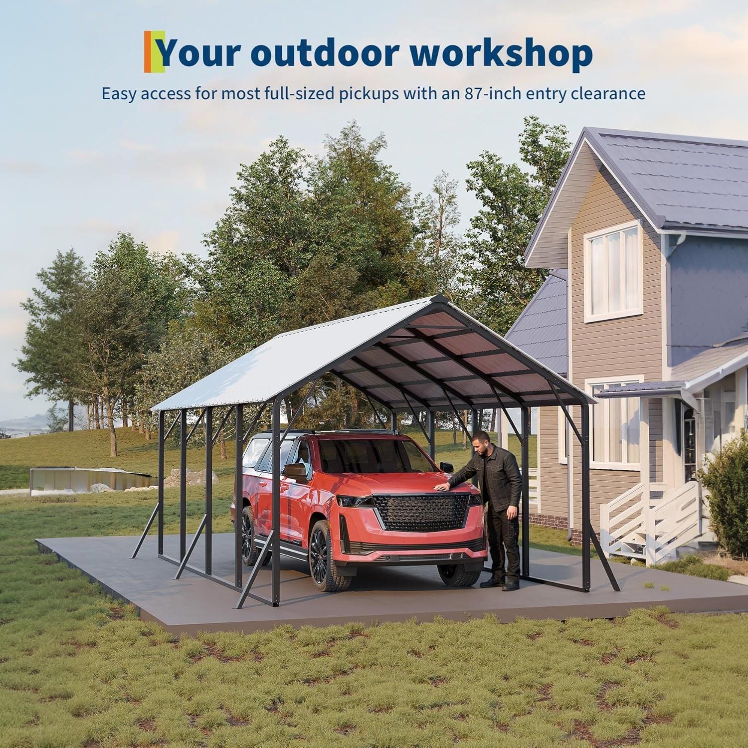 Garvee 13x21FT Metal Carport Kit with 120° Steep-Pitch Vertical Roof, 133" High-Clearance Heavy-Duty Alloy Steel Car Port Shelter for Full-Size Pickup Trucks, Vans & Outdoor Vehicle Storage, White
