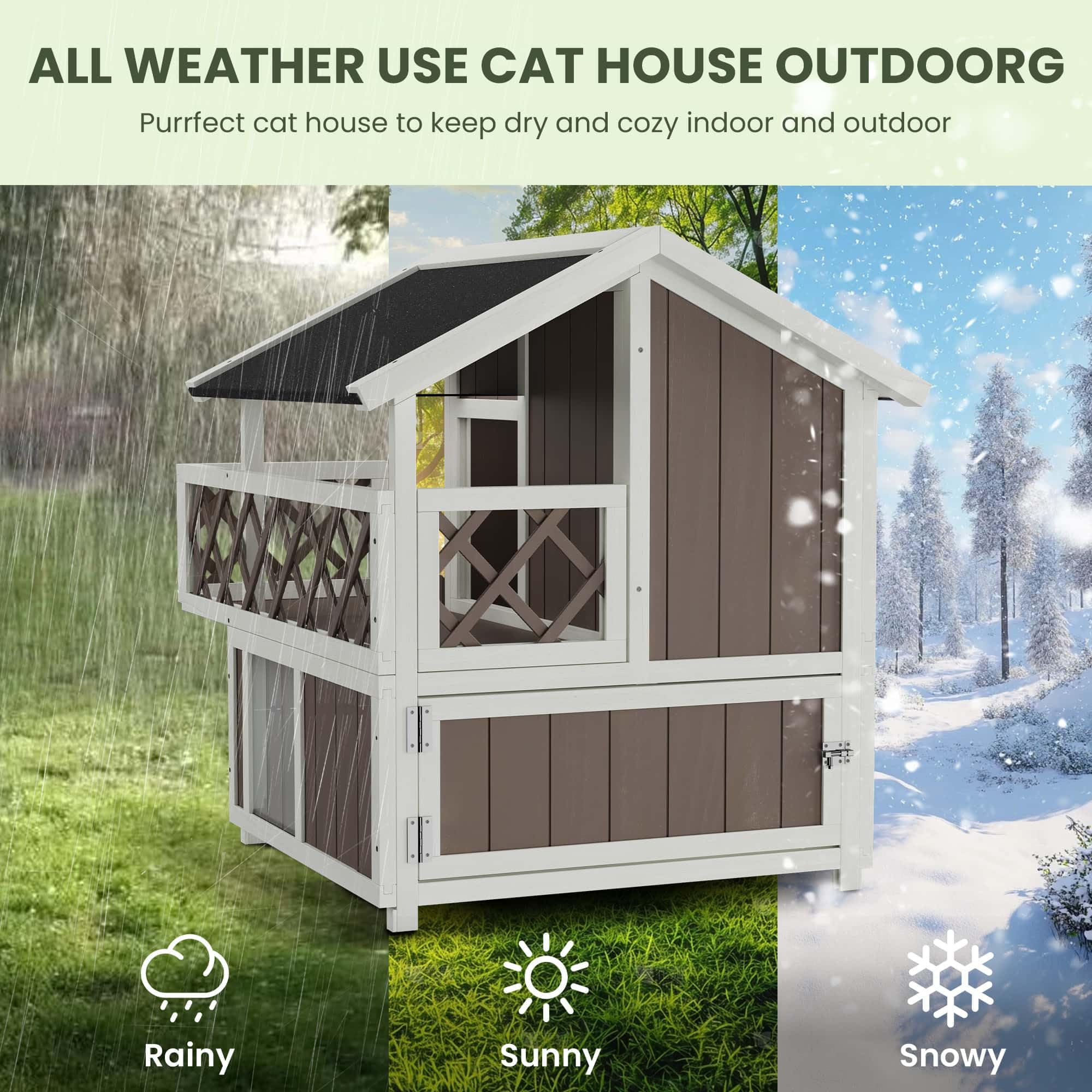 Garvee Insulated Outdoor Cat House Weatherproof with Balcony and Shade, Side Steps, Railings & Raised Floor, Asphalt Roof, All-Around Insulation 2-Story Wooden Feral Cat Shelter for Small Animals