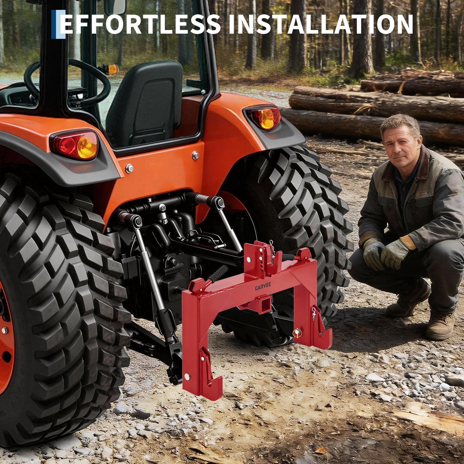 Garvee Heavy-Duty 3-Point Quick Hitch Adapter with 2" Receiver – Reinforced Rib – 3000 lbs Lift – No Bushing Needed – 5-Level Adjustable Bolt – Category 1 Tractor Attachment – Durable Metal – Red Powder Coated Finish