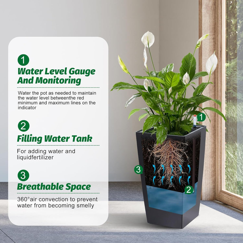 Garvee Self-Watering Planter Pots for Patio and Balcony, 4-Pack 16-Inch Black Plastic Flower Pots with 4 Inner Buckets and Water Gauges