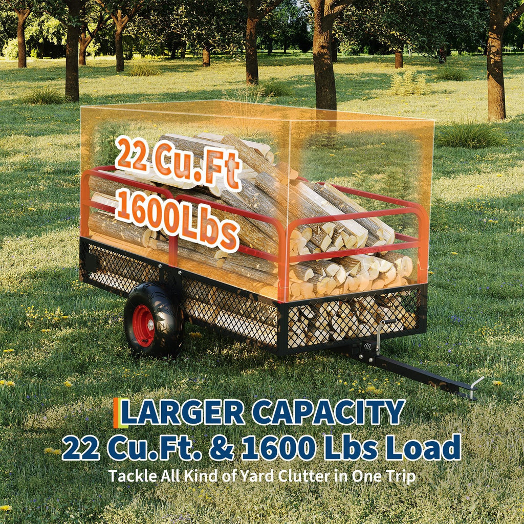 Garvee Tow Behind Dump Cart, 1600 lbs 22 Cu Ft Heavy Duty Steel ATV UTV Garden Trailer with Removable Sides, 45° Quick Dump & 16 in All-Terrain Tires for Lawn Mower, Tractor & Yard Work