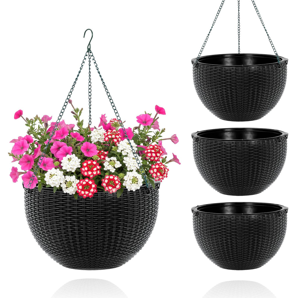 Garvee Self-Watering Hanging Planters for Indoor & Outdoor Plants, 4-Pack 13.8 in Resin Baskets with Rattan Look, Drainage Plugs and Triple-Chain Hangers