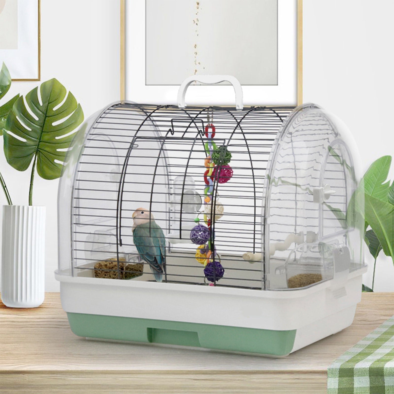 Garvee Portable Large Metal Bird Cage Carrier for Small to Medium Birds – Handle, 2 Food Bowls, 2 Perches, Removable Tray – Travel Aviary for Cockatiels, Budgies, Lovebirds, Canaries, Parakeets – Green