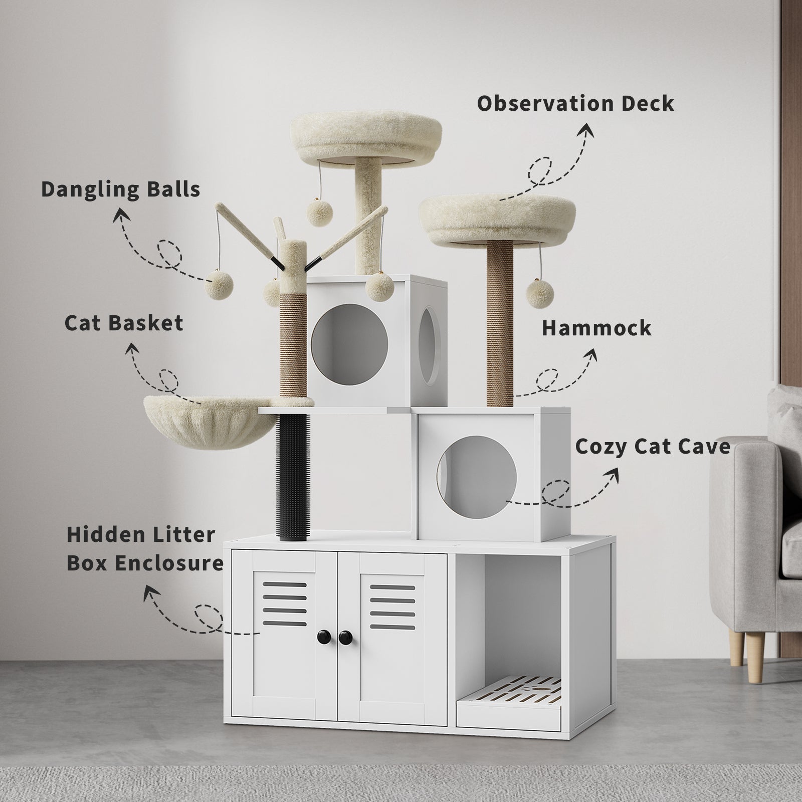 Garvee 53.7-Inch Litter Box Enclosure with Cat Tree, 2-in-1 Modern Large Cat Tower for Indoor Cats with Condo/Hammock/Scratching Post/Plush Perch/Caves, Wooden Hidden Litter Box Furniture, White