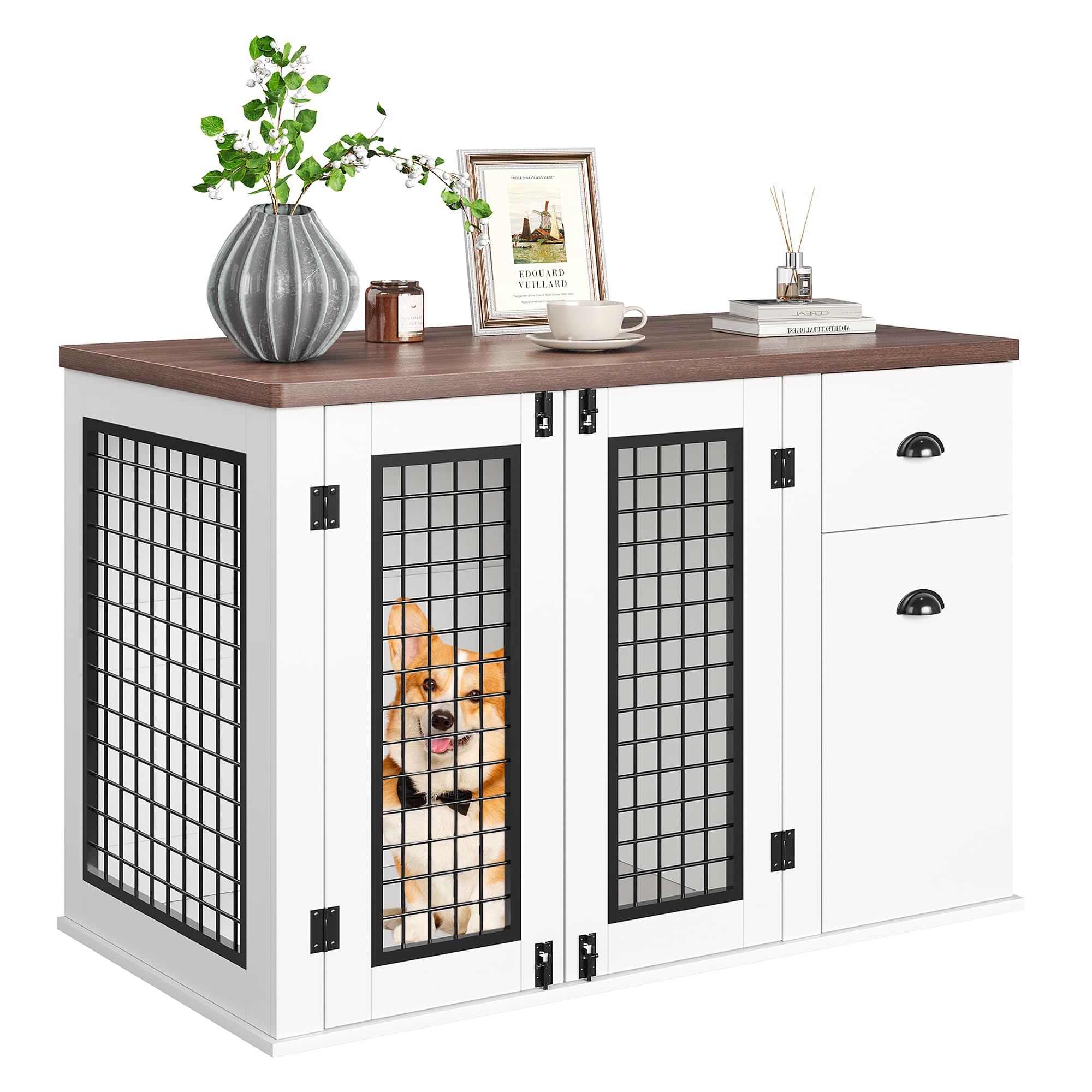 Garvee Dog Crate Furniture, Pet Kennel for Small to Medium Dogs, White Wooden Pet House with Drawers and Side Cabinets, Multi-Functional Dog Cage for Indoor Use, White