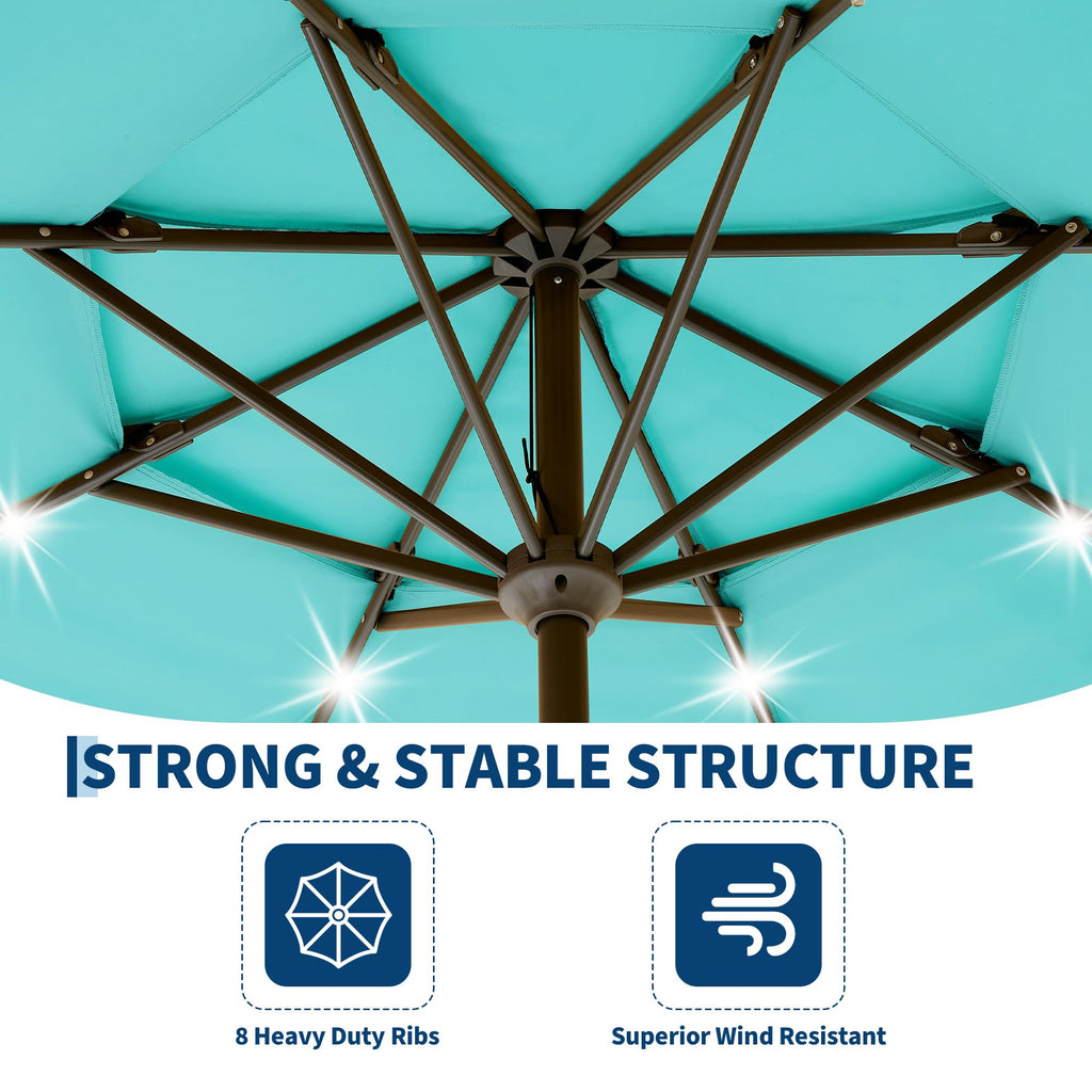 Garvee All-Weather 10ft 3-Tier Patio Umbrella with 24 LED Solar Lights – Vented Top, Easy Crank Tilt, 8 Reinforced Ribs, Outdoor Market Sunshade for Deck, Pool, or Garden – Turquoise Blue