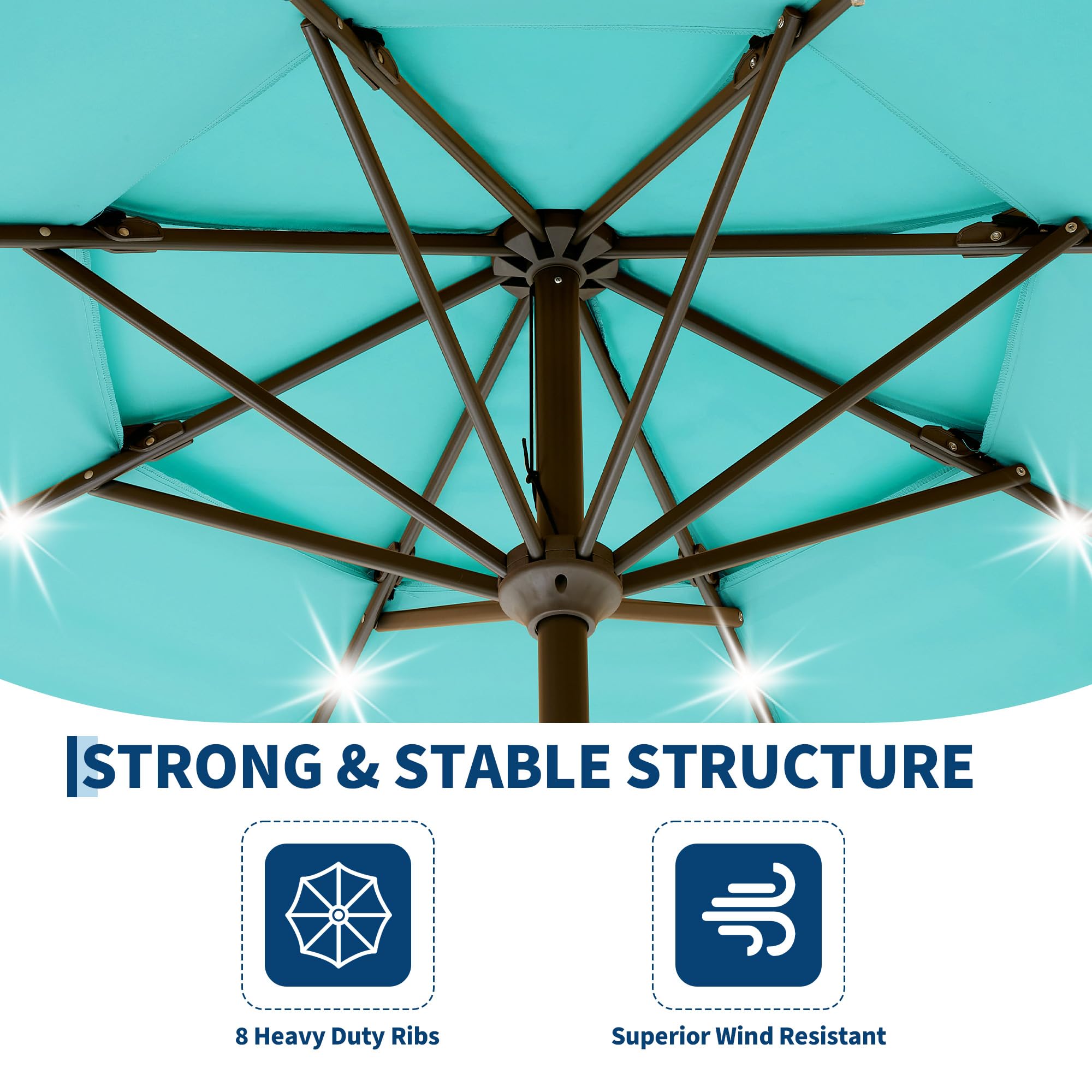 Garvee All-Weather 10ft 3-Tier Patio Umbrella with 24 LED Solar Lights – Vented Top, Easy Crank Tilt, 8 Reinforced Ribs, Outdoor Market Sunshade for Deck, Pool, or Garden – Turquoise Blue