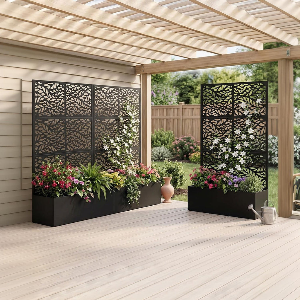 Garvee Raised Planter Box with Trellis for Climbing Plants, 71 x 44 x 16 in All-Weather Metal Garden Bed with Privacy Screen, Drainage Holes, Black