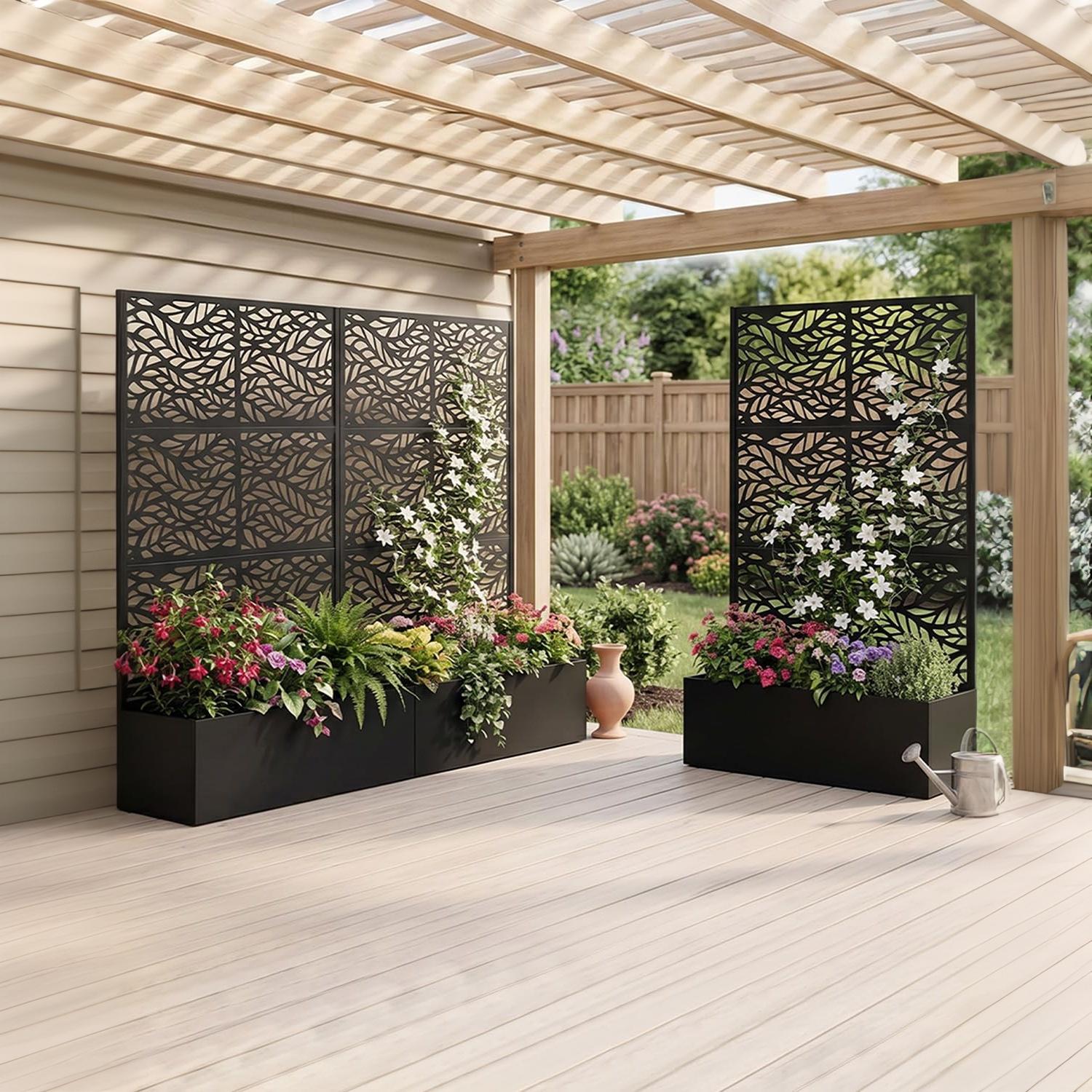 Garvee Raised Planter Box with Trellis for Climbing Plants, 71 x 44 x 16 in All-Weather Metal Garden Bed with Privacy Screen, Drainage Holes, Black