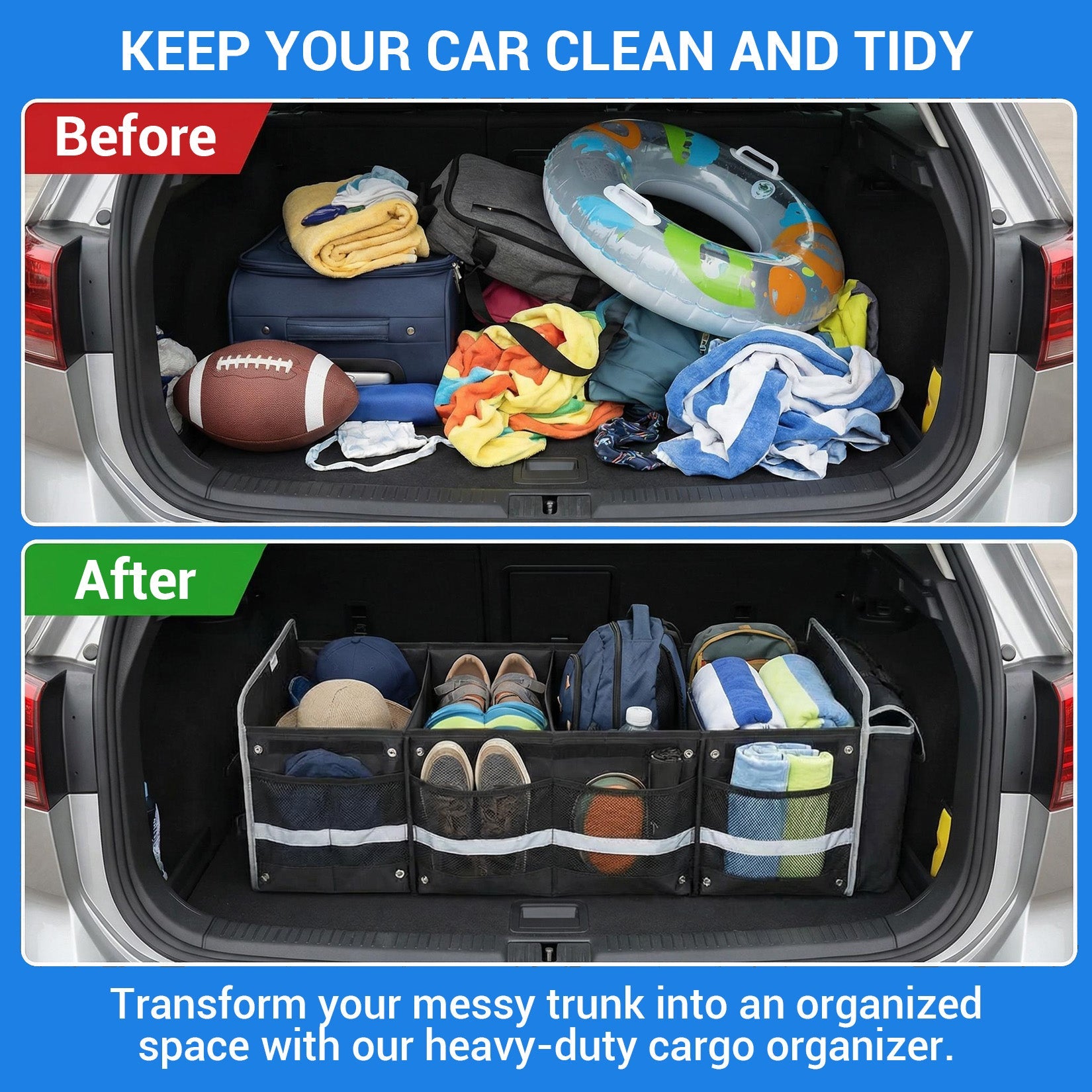 Garvee Collapsible Car Trunk Storage Bag with Ice Pack, 35.4x13.8x11.8 inch Large Capacity – Waterproof Oxford Cloth, 3D Partition, Non-Slip, Shoe & Wet Clothes Compartment, Black