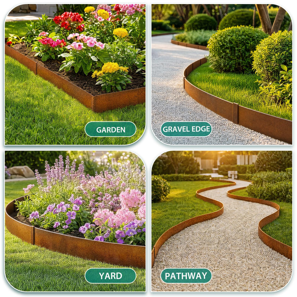 Garvee 20' Cor-Ten Steel Landscape Edging, 6-Pack 40" × 8" Hammer-In Flexible Metal Garden Border Kit with Clips & Gloves for Lawn, Path & Flower Bed, Rust