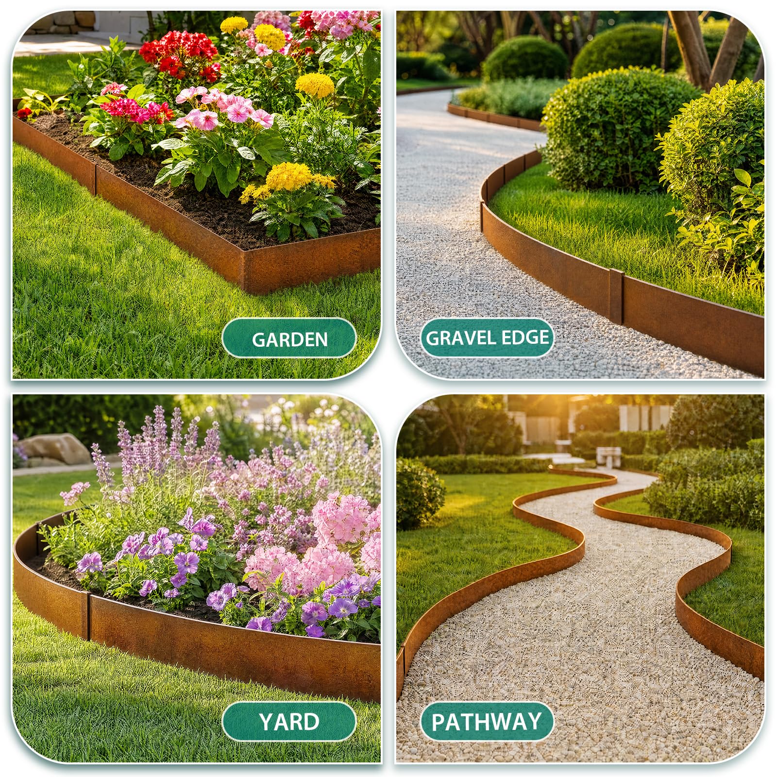 Garvee 20' Cor-Ten Steel Landscape Edging, 6-Pack 40" × 8" Hammer-In Flexible Metal Garden Border Kit with Clips & Gloves for Lawn, Path & Flower Bed, Rust