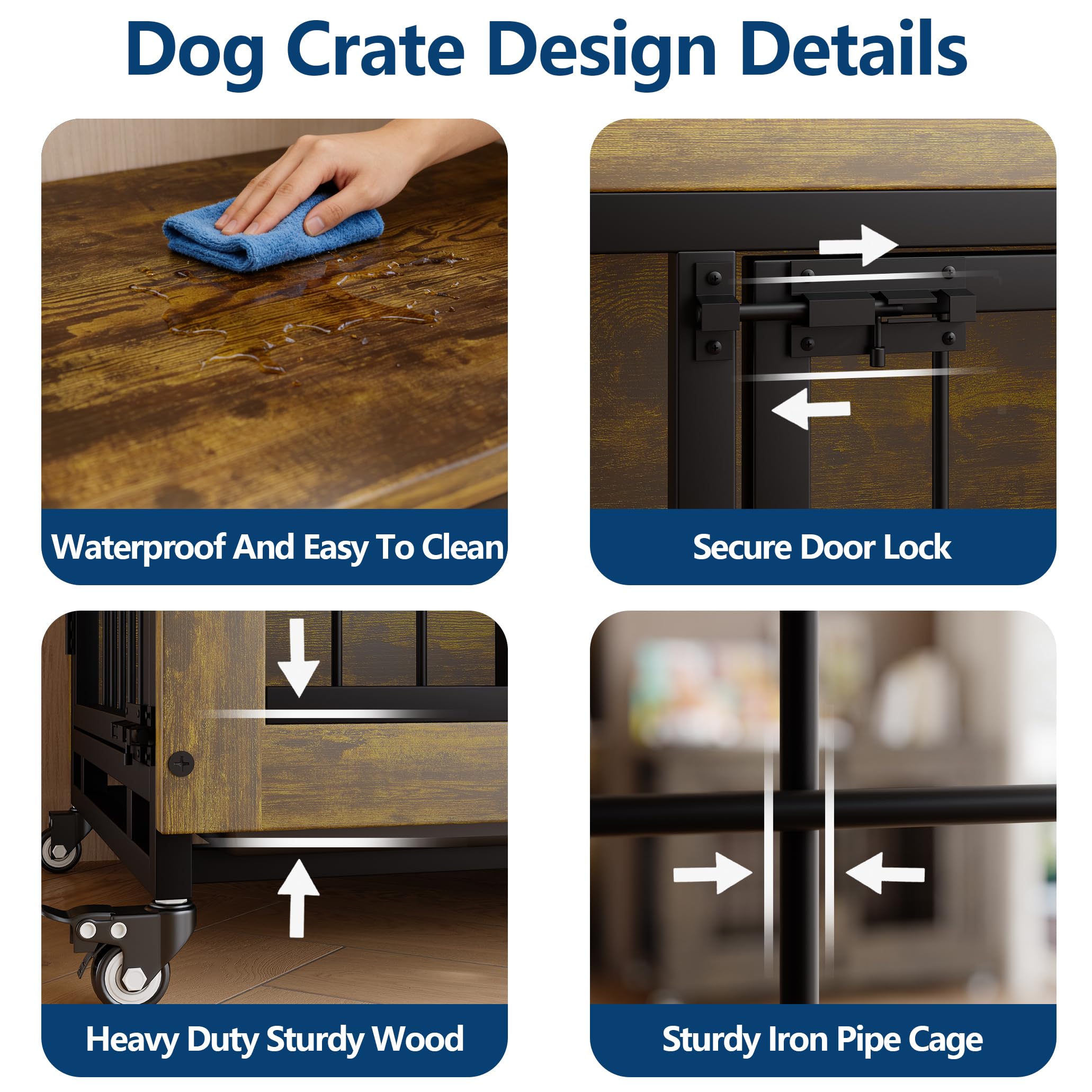 Garvee 38.6" Heavy Duty Dog Crate Furniture with  3 Doors & Wheels, Rustic Indoor Kennel Furniture Pet Crate with Carbon Steel Bars & Removable Tray for Small to Medium Dogs