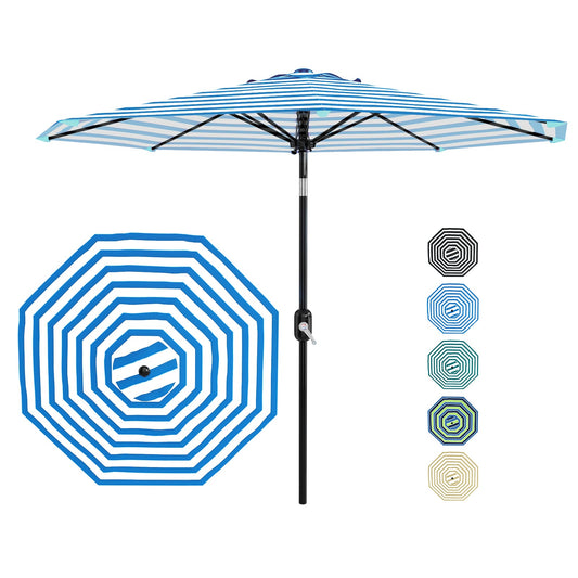 Garvee 9 ft Outdoor Patio Umbrella with 8 Sturdy Ribs, Crank Lift, Push-Button Tilt & UV-Resistant Waterproof Canopy for Pool, Deck, Yard & Garden, Blue & White Stripes