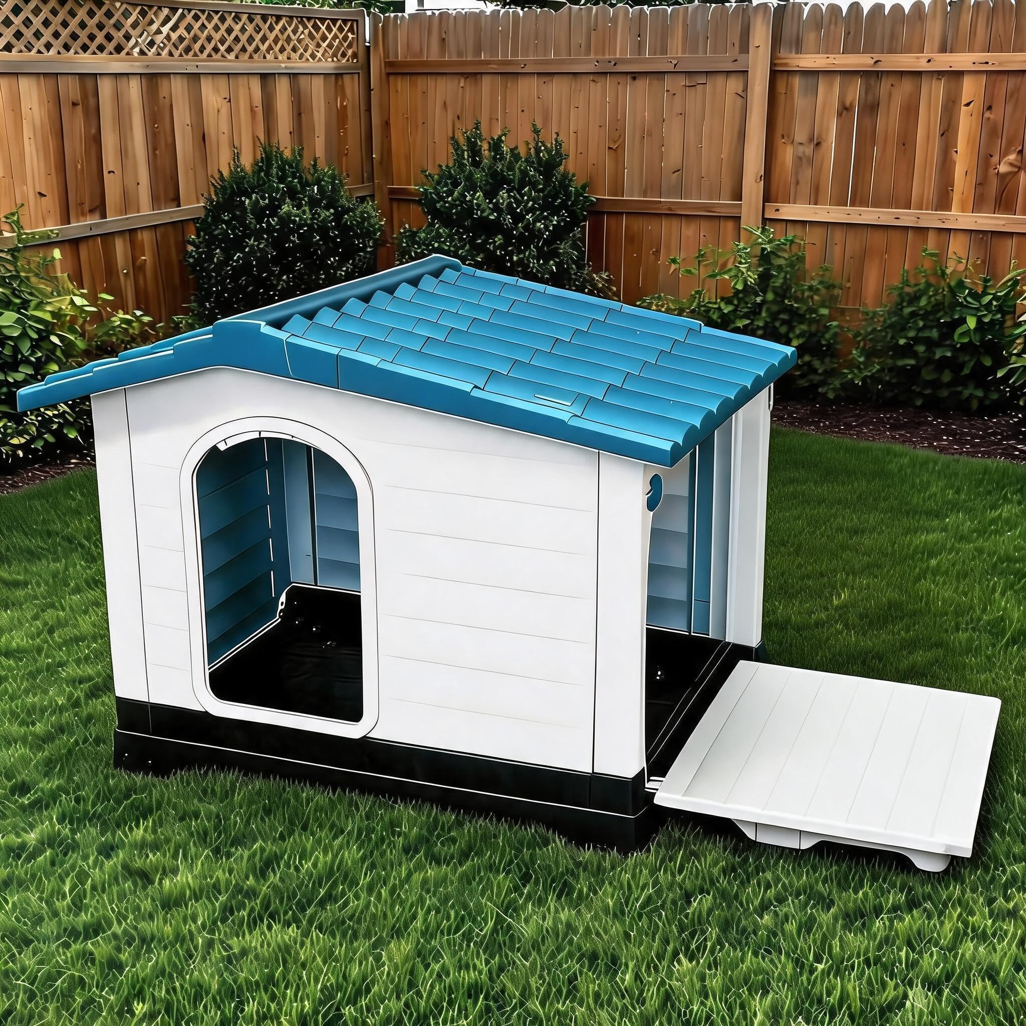 Garvee 2-Door Large Dog House for Indoor and Outdoor Dog House with Fold-Out Porch Elevated Base, Waterproof Pet House for Small and Medium Dogs, Easy Assembly, Blue (38''L x 26''W x 31''H)