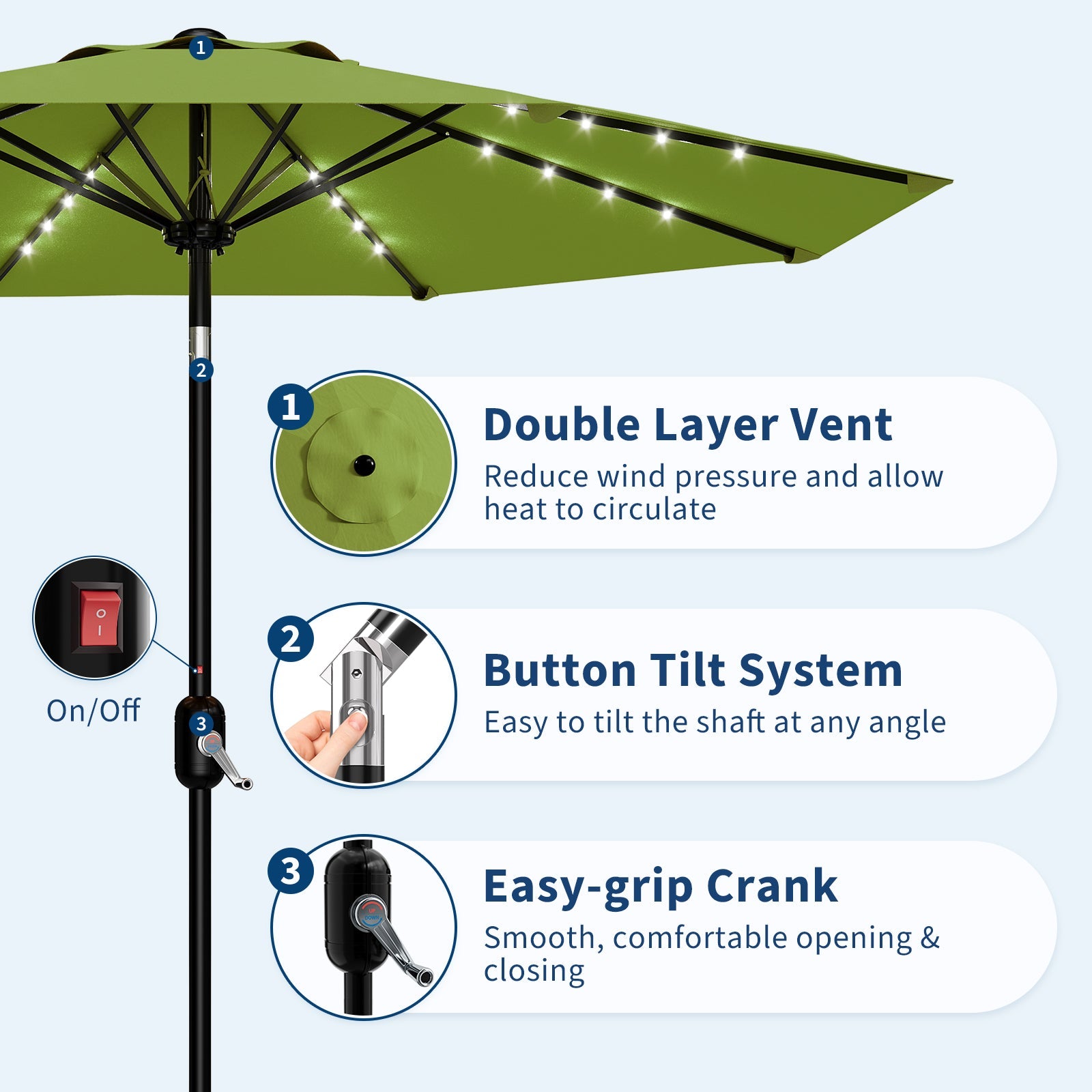 Garvee 9FT Solar LED Patio Umbrella with 32 Lights, Tilt & Crank Outdoor Market Umbrella, UV & Water Resistant, 8 Ribs Sunshade for Garden, Deck, Pool & Table, Green