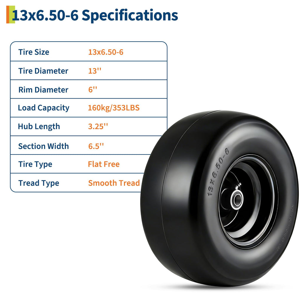 Garvee 2 Pack 13x6.50-6 Flat Free Lawn Mower Tires with 353 LBS Load, Polyurethane, Alloy Steel, Puncture-Proof, 3/4" & 5/8" Bushings for Push Mowers & Garden Carts