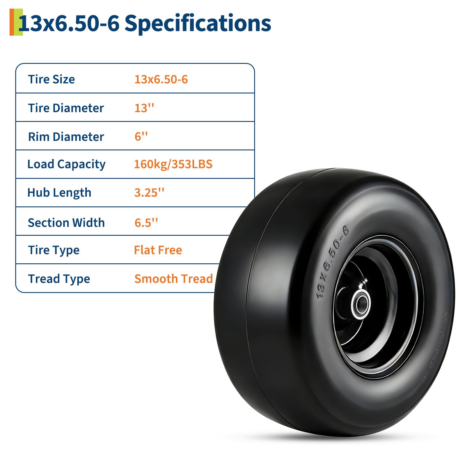 Garvee 2 Pack 13x6.50-6 Flat Free Lawn Mower Tires with 353 LBS Load, Polyurethane, Alloy Steel, Puncture-Proof, 3/4" & 5/8" Bushings for Push Mowers & Garden Carts