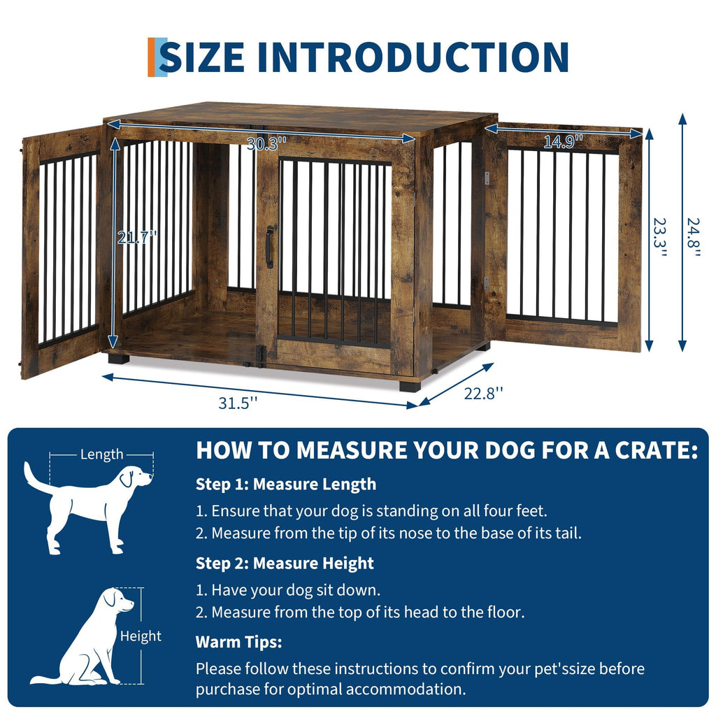 Garvee Rustic Farmhouse Dog Crate Furniture - Medium Indoor Wooden Kennel End Table with Dual Locking Doors - Chew-Resistant, Ventilated Pet Cage for Medium Dogs - Brown, Medium