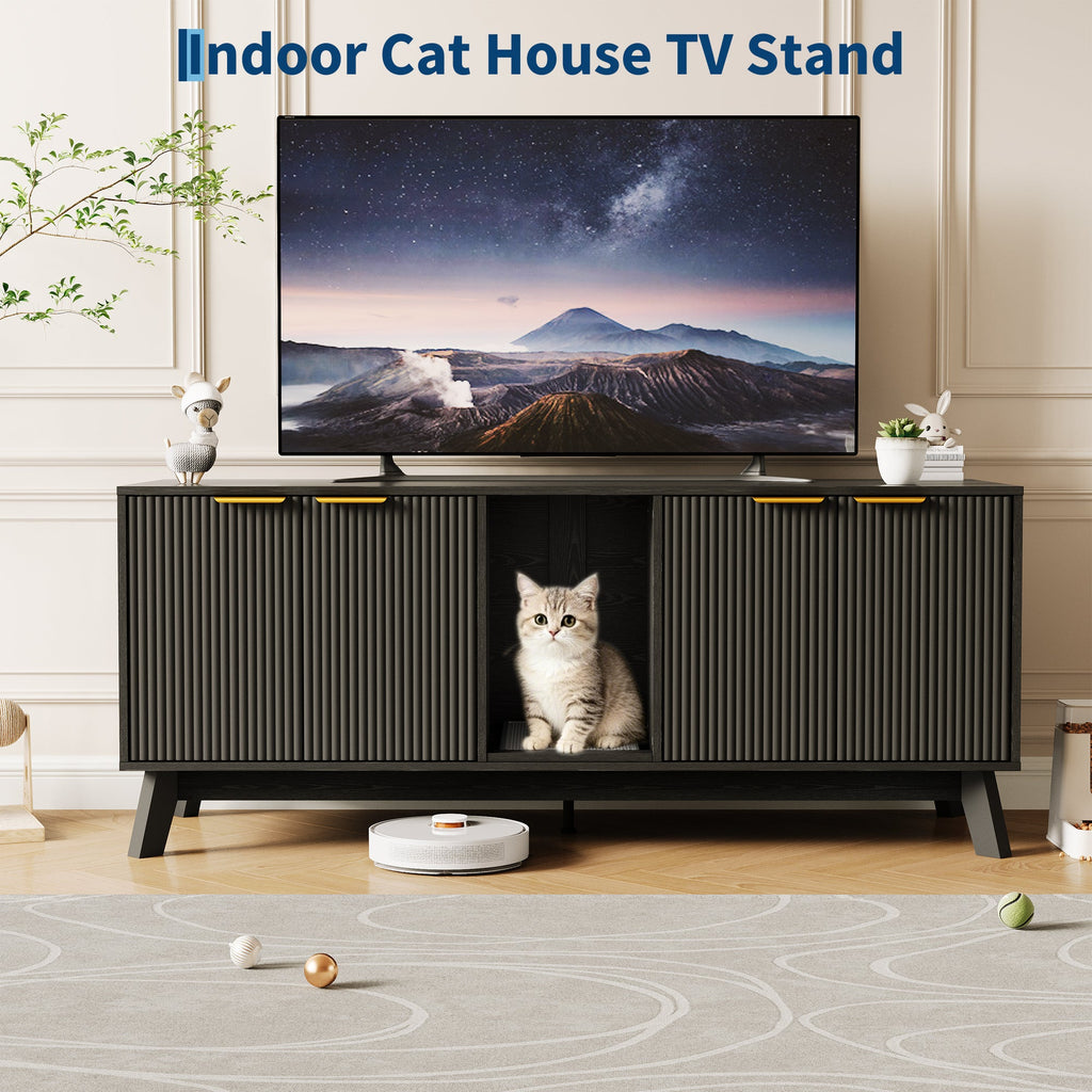 Garvee Double Cat Litter Box Enclosure Furniture, Hiddden Litter Box Furniture with Litter Collector & Scratch Pad, Wooden Litter Box Cabinet, Cats House, Black