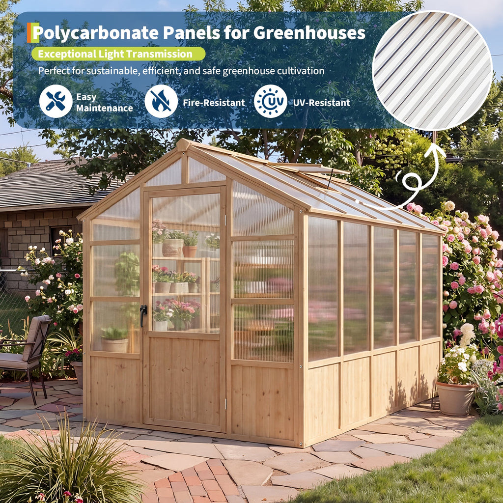 Garvee 6' x 10' Wooden Walk-In Greenhouse Kit, Outdoor Green House with Natural Spruce Wood Frame, Polycarbonate Panels, Ventilated Windows & Lockable Door for Garden, Backyard, Patio & Lawn